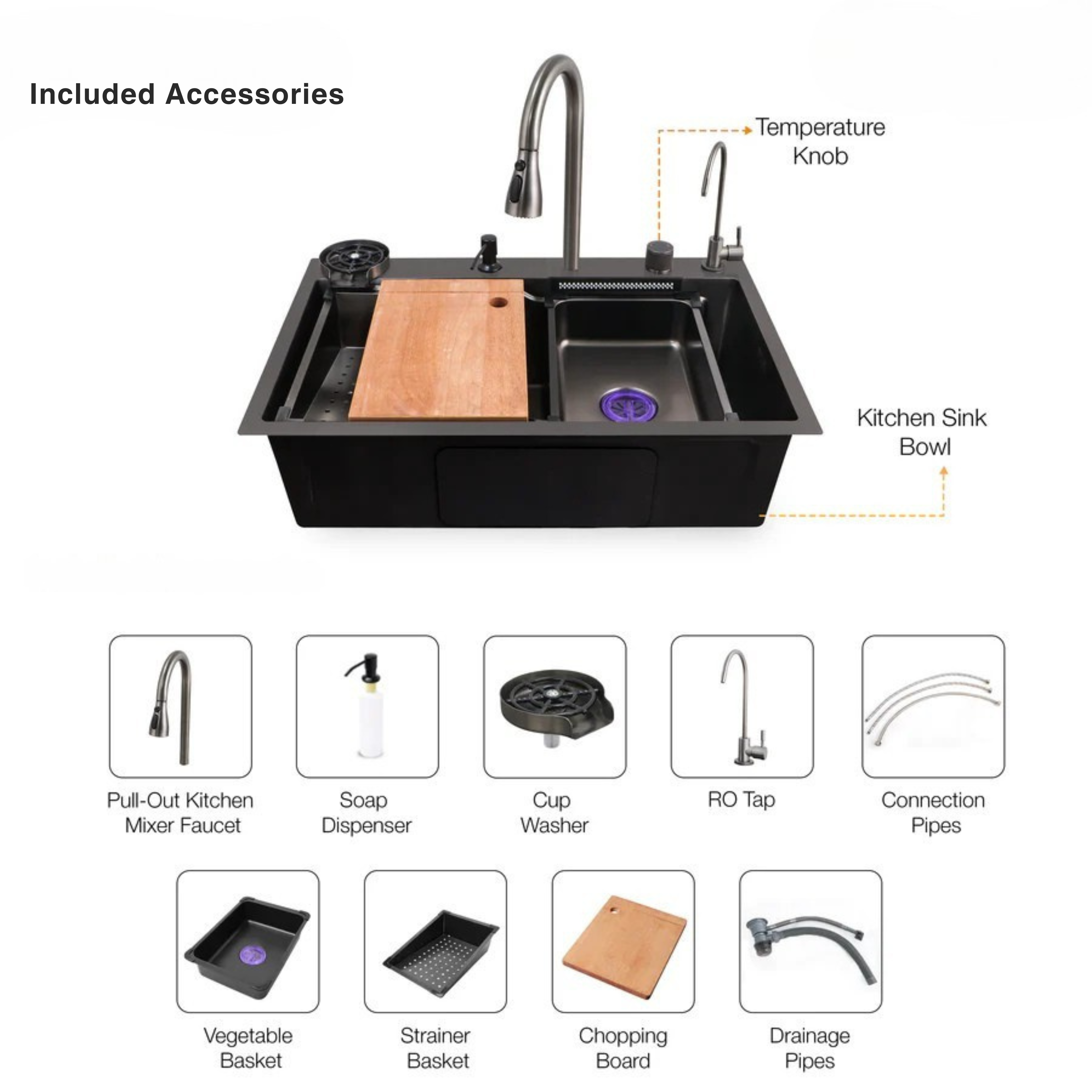 Metlux Waterfall Smart Kitchen Sink Black 30x18x9