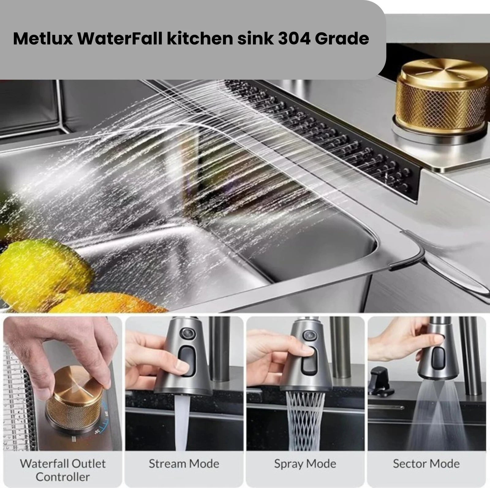 Metlux silver nano waterfall kitchen sink 30x18x9