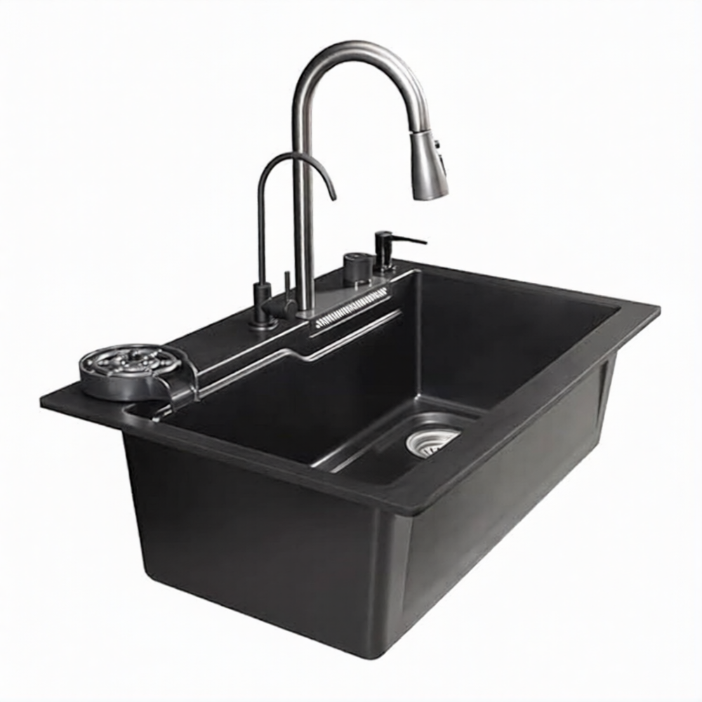 Metlux Smart Waterfall Kitchen Sink Quartz Material Black 30x20x9 Inchs