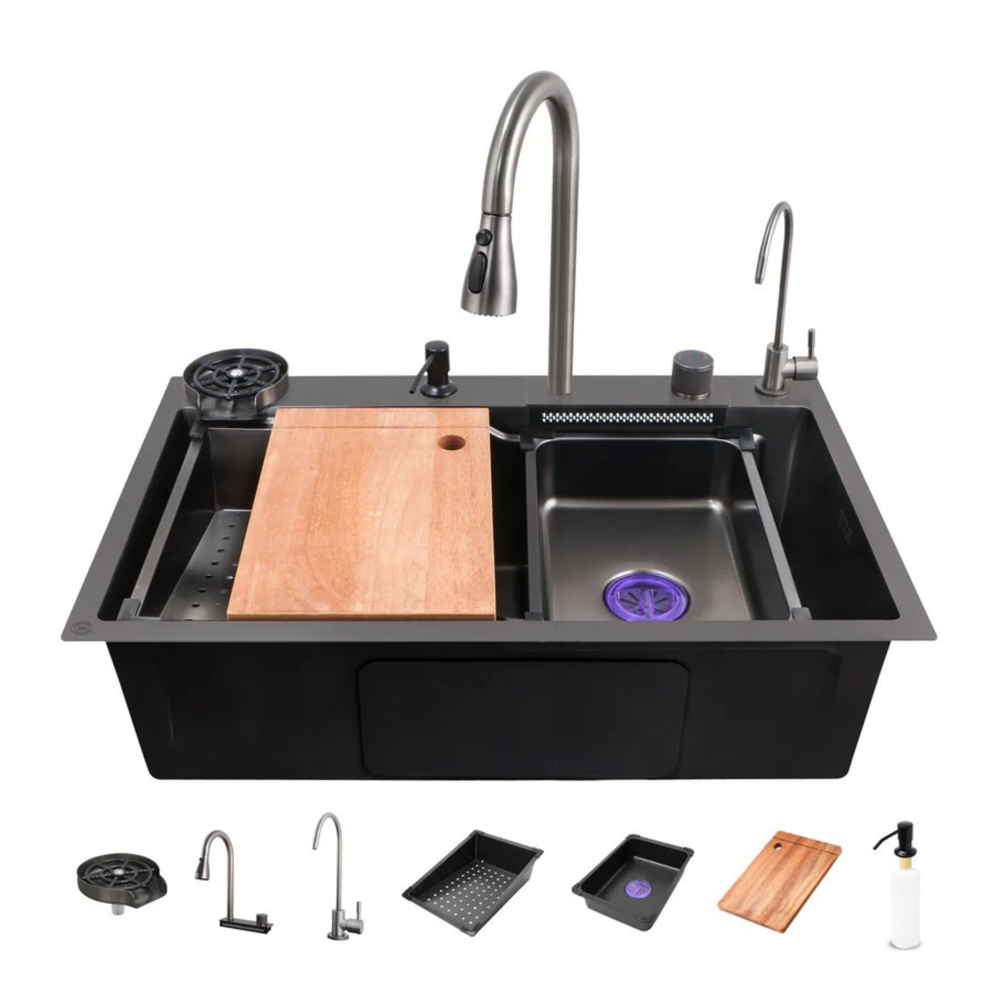 Metlux Waterfall Smart Kitchen Sink Black 30x18x9
