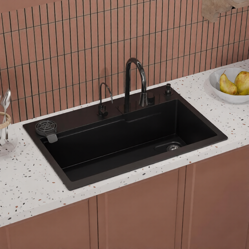 Metlux Smart Waterfall Kitchen Sink Quartz Material Black 30x20x9 Inchs