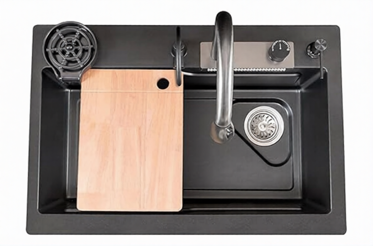 Metlux Smart Waterfall Kitchen Sink Quartz Material Black 30x20x9 Inchs