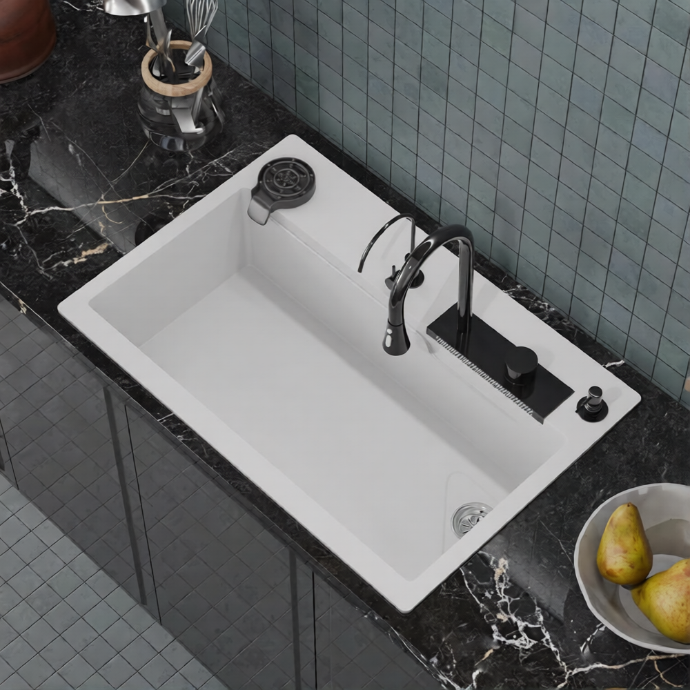 Metlux Smart Waterfall Kitchen Sink Quartz Material White 30x20x9 Inchs