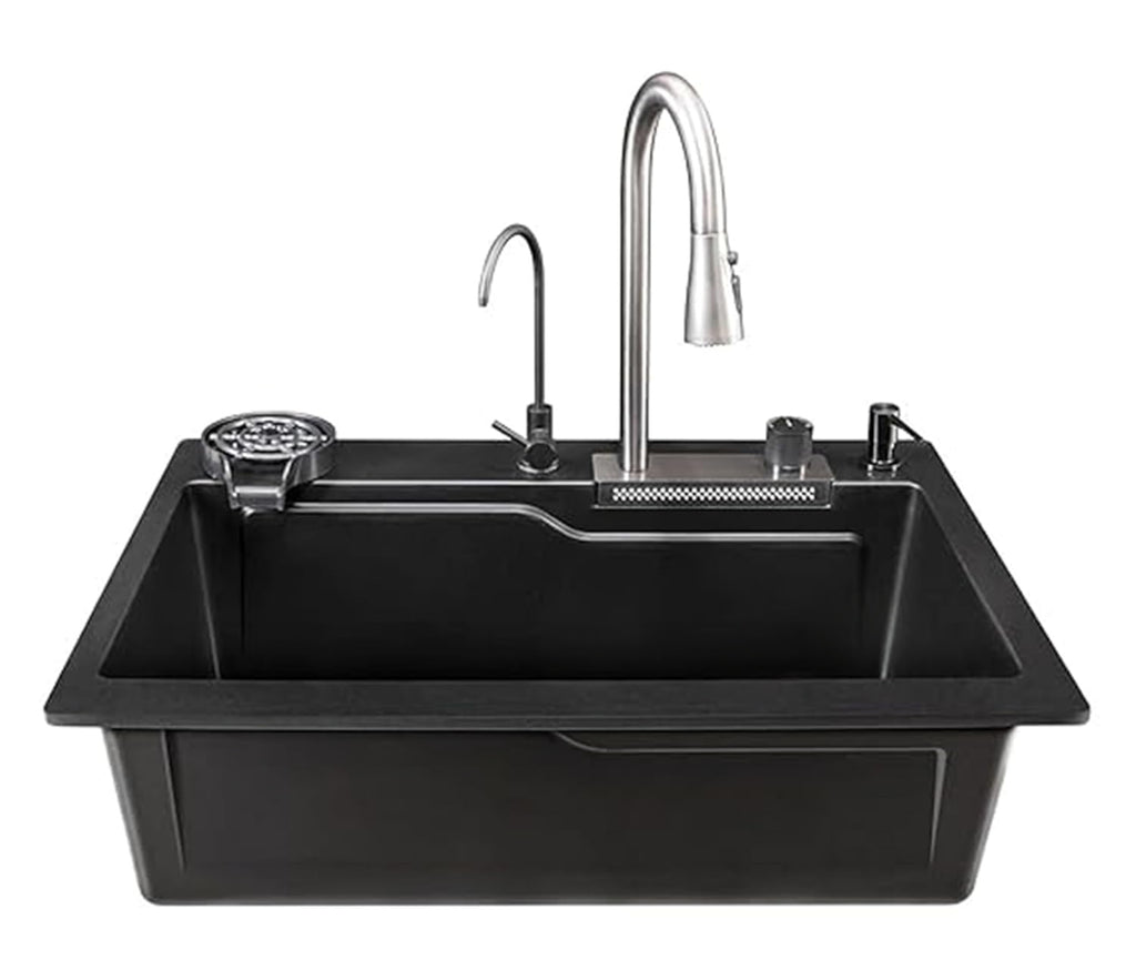 Metlux Smart Waterfall Kitchen Sink Quartz Material Black 30x20x9 Inchs