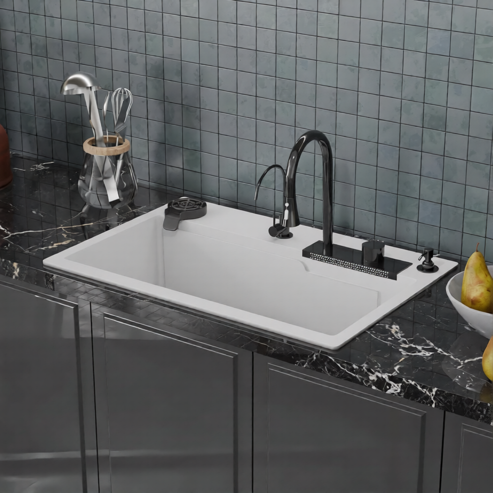 Metlux Smart Waterfall Kitchen Sink Quartz Material White 30x20x9 Inchs