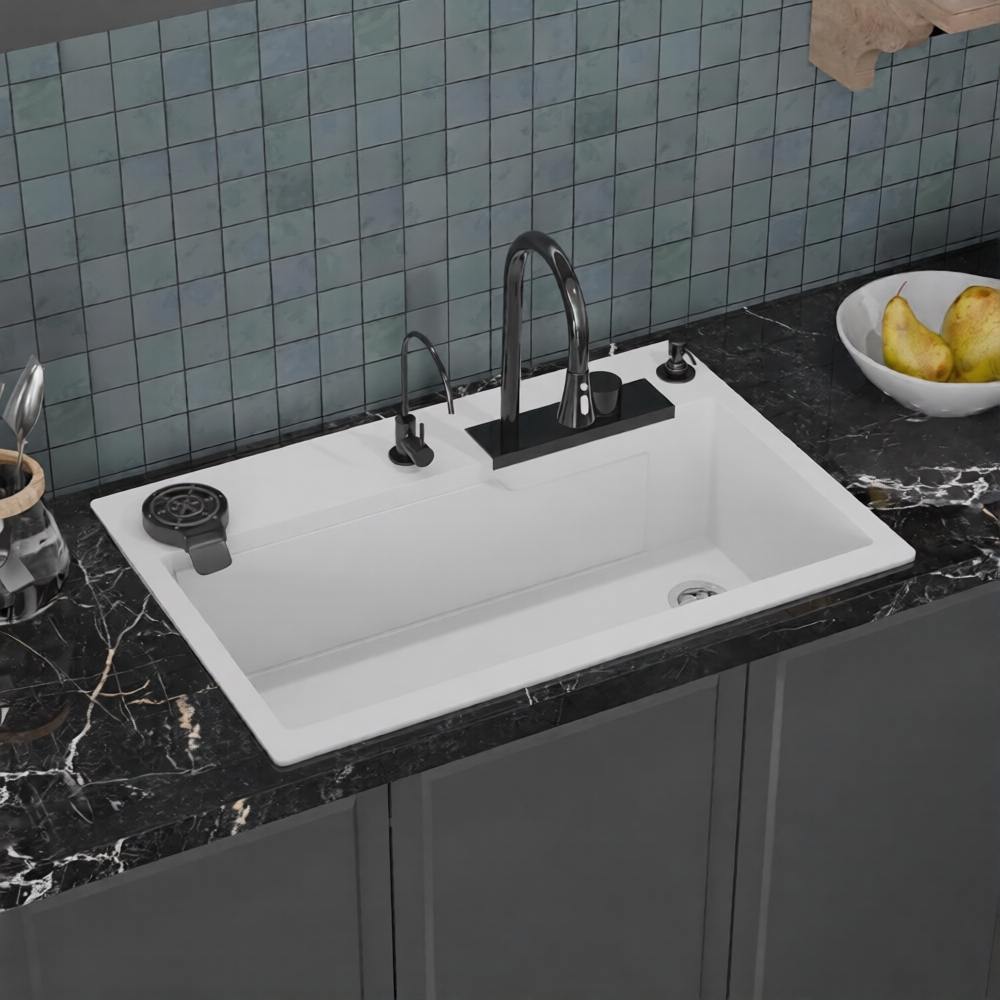 Metlux Smart Waterfall Kitchen Sink Quartz Material White 30x20x9 Inchs